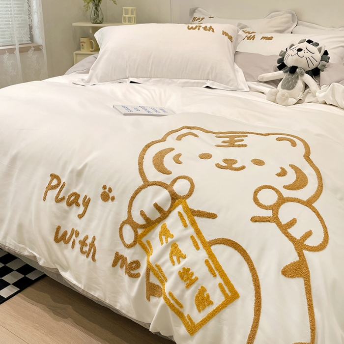 91家纺网 家纺一手货源 找家纺 娜娜 2022新款亲肤毛巾绣四件套 幸运虎-白灰