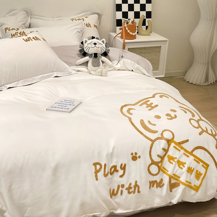 91家纺网 家纺一手货源 找家纺 娜娜 2022新款亲肤毛巾绣四件套 幸运虎-白灰