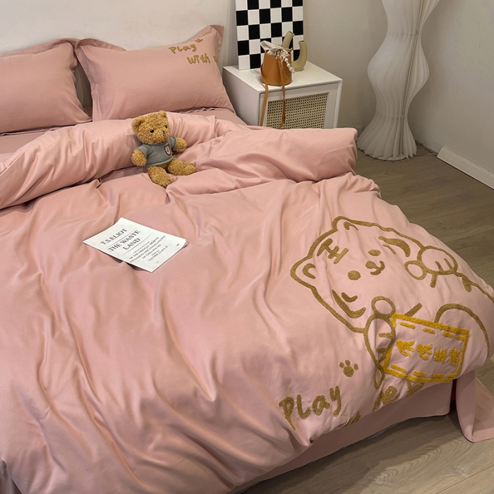 91家纺网 家纺一手货源 找家纺 娜娜 2022新款亲肤毛巾绣四件套 幸运虎-豆粉