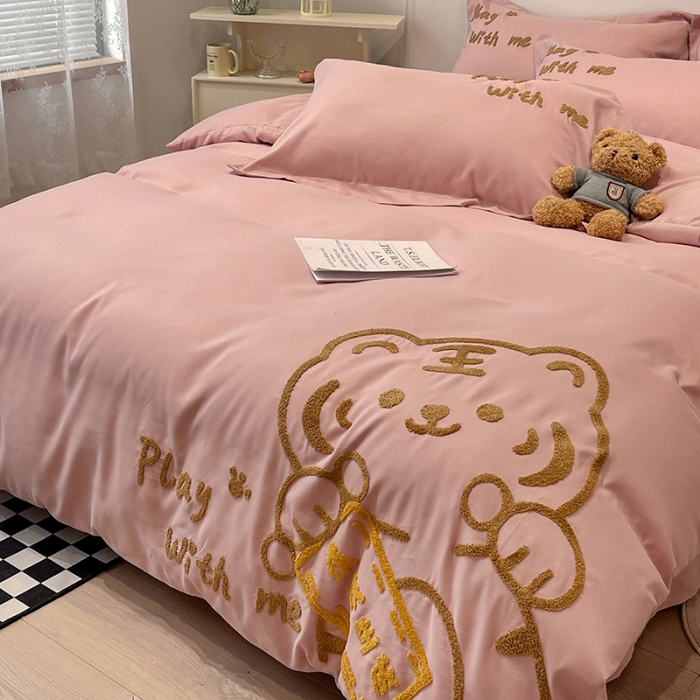 91家纺网 家纺一手货源 找家纺 娜娜 2022新款亲肤毛巾绣四件套 幸运虎-豆粉