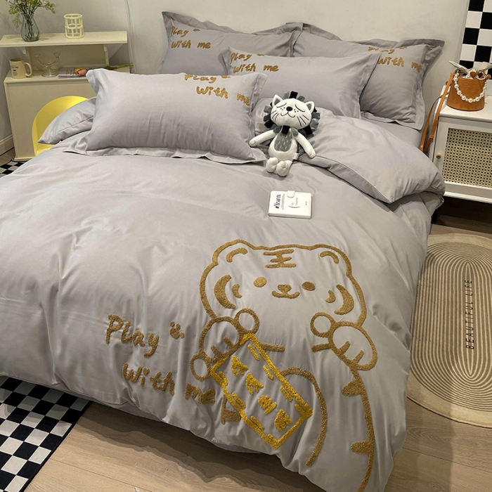 91家纺网 家纺一手货源 找家纺 娜娜 2022新款亲肤毛巾绣四件套 幸运虎-灰