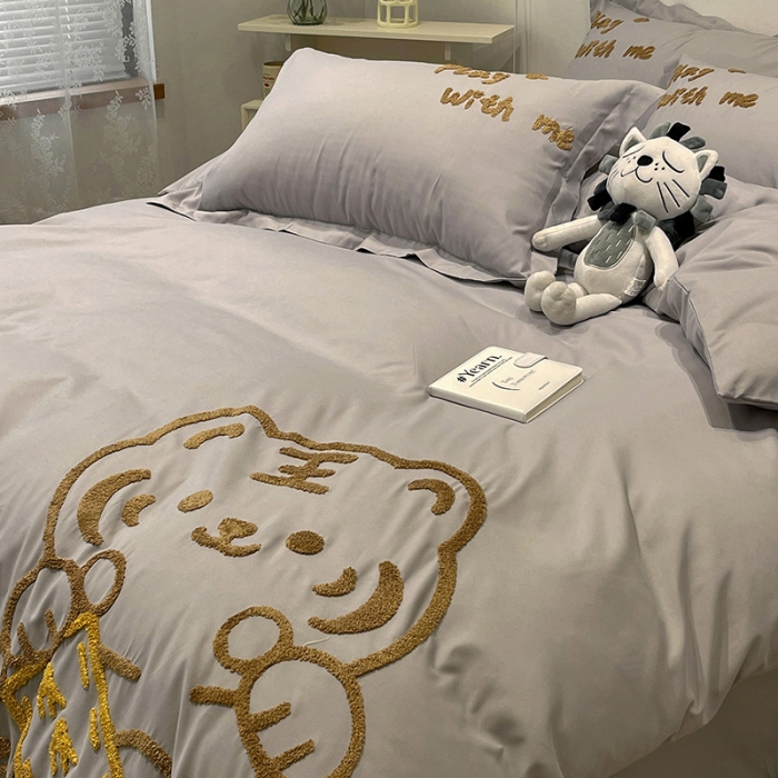 91家纺网 家纺一手货源 找家纺 娜娜 2022新款亲肤毛巾绣四件套 幸运虎-灰