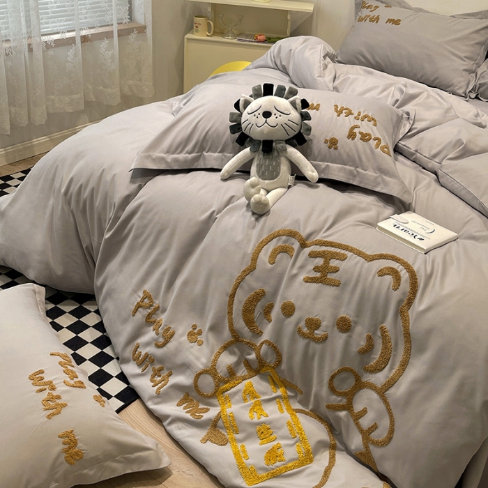 91家纺网 家纺一手货源 找家纺 娜娜 2022新款亲肤毛巾绣四件套 幸运虎-灰