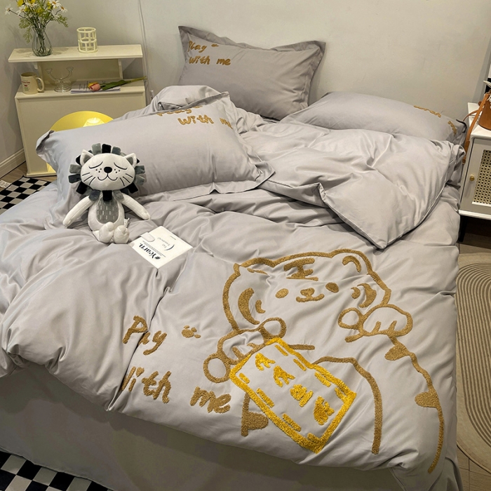 91家纺网 家纺一手货源 找家纺 娜娜 2022新款亲肤毛巾绣四件套 幸运虎-灰