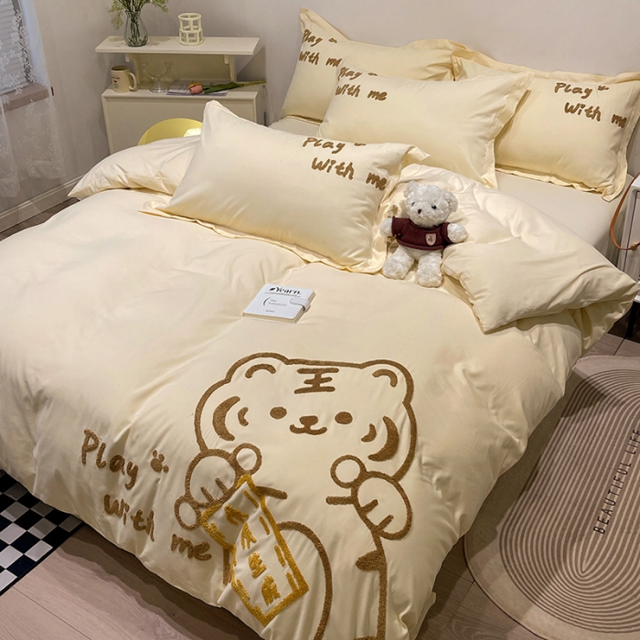 91家纺网 家纺一手货源 找家纺 娜娜 2022新款亲肤毛巾绣四件套 幸运虎-米黄