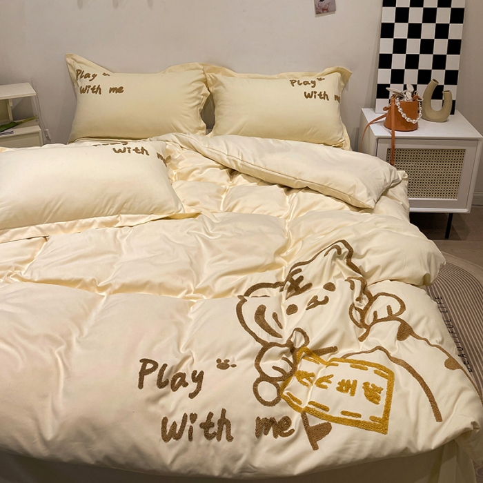 91家纺网 家纺一手货源 找家纺 娜娜 2022新款亲肤毛巾绣四件套 幸运虎-米黄