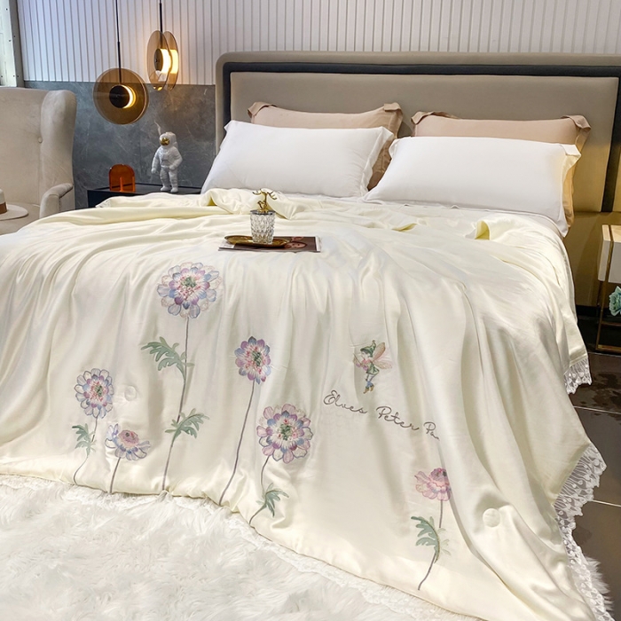 91家纺网 家纺一手货源 找家纺 吾秀 2022新款50S莱赛尔天丝刺绣夏被-花仙子 花仙子-米白