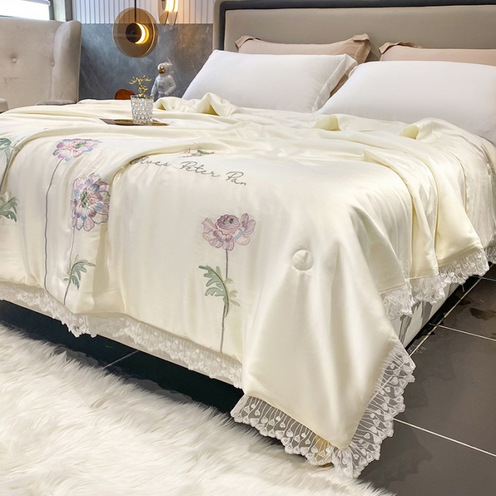 91家纺网 家纺一手货源 找家纺 吾秀 2022新款50S莱赛尔天丝刺绣夏被-花仙子 花仙子-米白