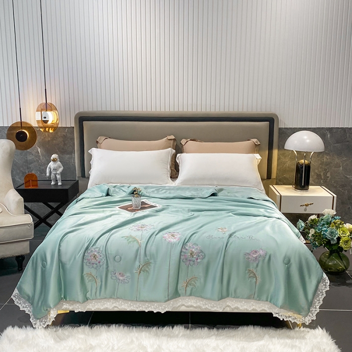91家纺网 家纺一手货源 找家纺 吾秀 2022新款50S莱赛尔天丝刺绣夏被-花仙子 花仙子-水绿