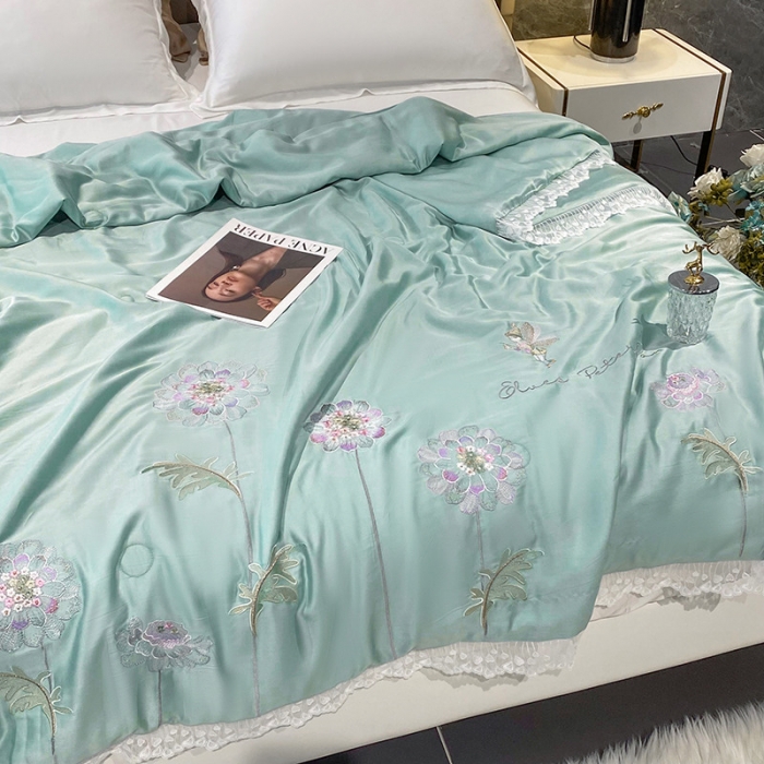 91家纺网 家纺一手货源 找家纺 吾秀 2022新款50S莱赛尔天丝刺绣夏被-花仙子 花仙子-水绿