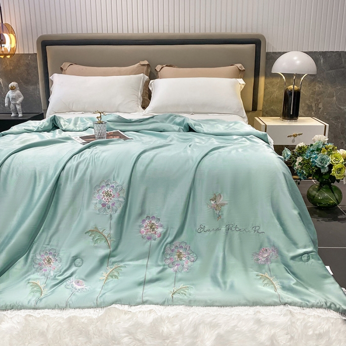 91家纺网 家纺一手货源 找家纺 吾秀 2022新款50S莱赛尔天丝刺绣夏被-花仙子 花仙子-水绿