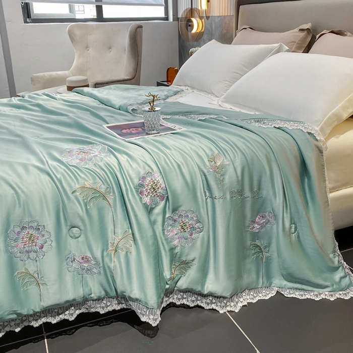 91家纺网 家纺一手货源 找家纺 吾秀 2022新款50S莱赛尔天丝刺绣夏被-花仙子 花仙子-水绿