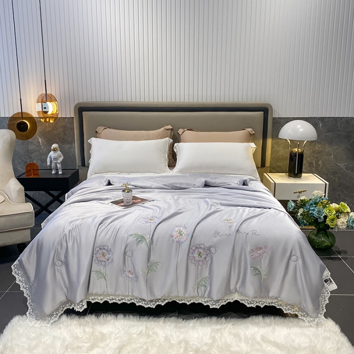 91家纺网 家纺一手货源 找家纺 吾秀 2022新款50S莱赛尔天丝刺绣夏被-花仙子 花仙子-银灰