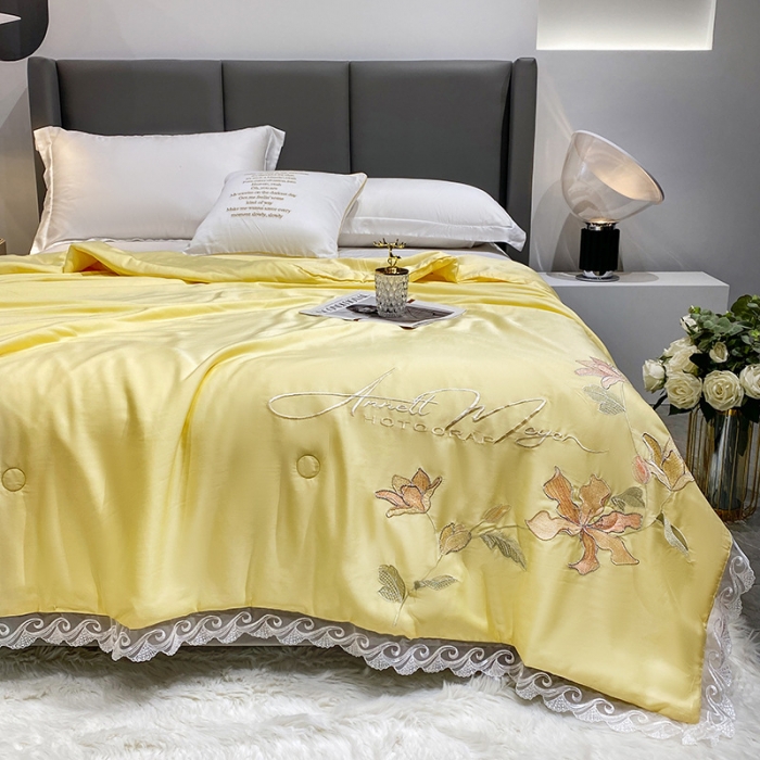 91家纺网 家纺一手货源 找家纺 吾秀 2022新款莫代尔花边刺绣夏被-花意 花意-黄