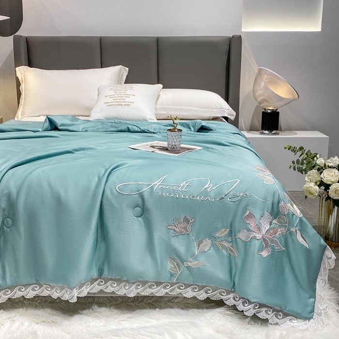 91家纺网 家纺一手货源 找家纺 吾秀 2022新款莫代尔花边刺绣夏被-花意 花意-蓝