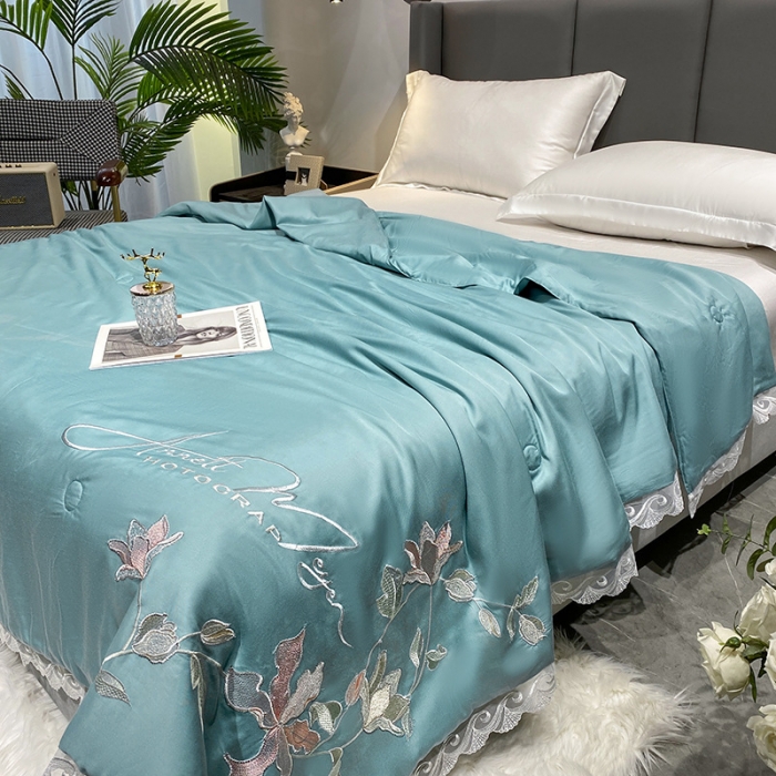 91家纺网 家纺一手货源 找家纺 吾秀 2022新款莫代尔花边刺绣夏被-花意 花意-蓝