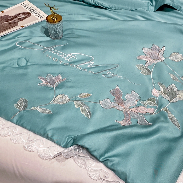 91家纺网 家纺一手货源 找家纺 吾秀 2022新款莫代尔花边刺绣夏被-花意 花意-蓝