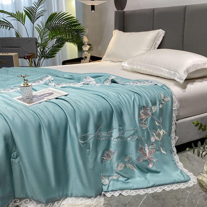 91家纺网 家纺一手货源 找家纺 吾秀 2022新款莫代尔花边刺绣夏被-花意 花意-蓝