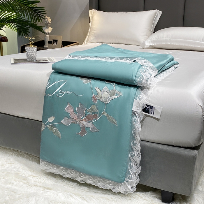 91家纺网 家纺一手货源 找家纺 吾秀 2022新款莫代尔花边刺绣夏被-花意 花意-蓝