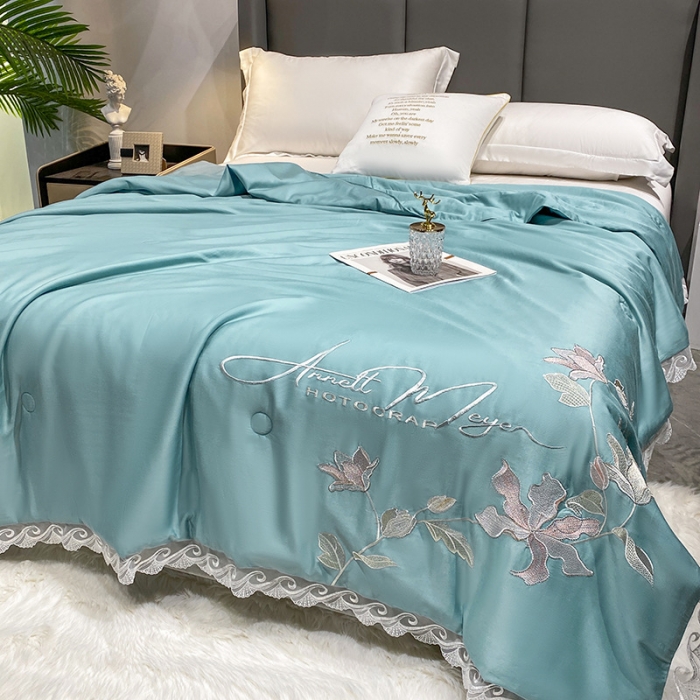 91家纺网 家纺一手货源 找家纺 吾秀 2022新款莫代尔花边刺绣夏被-花意 花意-蓝