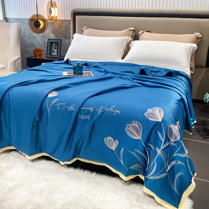 91家纺网 家纺一手货源 找家纺 吾秀 2022新款莫代尔重工刺绣夏被-郁金香 郁金香-宝蓝