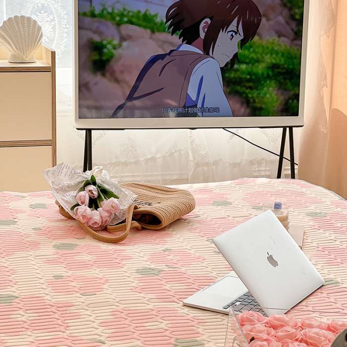 91家纺网 家纺一手货源 找家纺 昔可 2022新款圆网乳胶凉席 粉色油画花