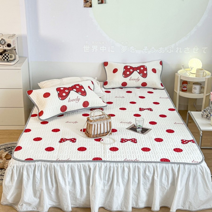 91家纺网 家纺一手货源 找家纺 昔可 2022新款圆网乳胶凉席 红波点蝴蝶结