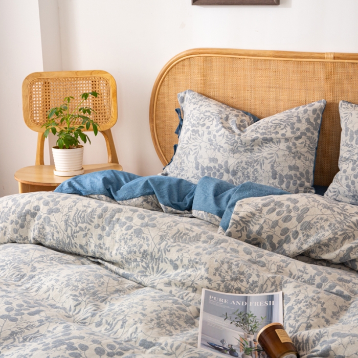 91家纺网 家纺一手货源 找家纺 22高端双层纱栀子花色织大提花蝴蝶结工艺款四件套栀子花深蓝