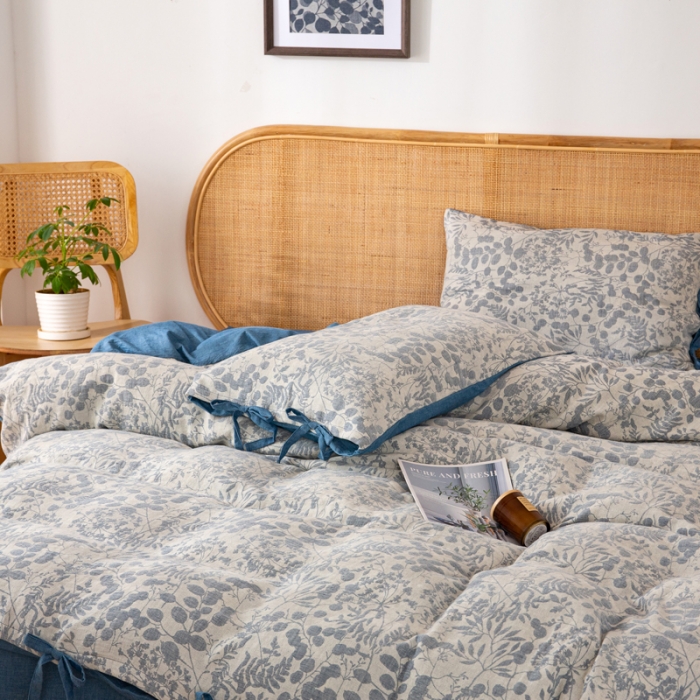 91家纺网 家纺一手货源 找家纺 22高端双层纱栀子花色织大提花蝴蝶结工艺款四件套栀子花深蓝