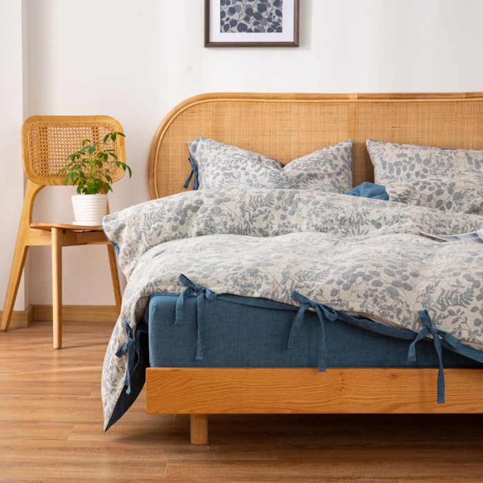 91家纺网 家纺一手货源 找家纺 22高端双层纱栀子花色织大提花蝴蝶结工艺款四件套栀子花深蓝