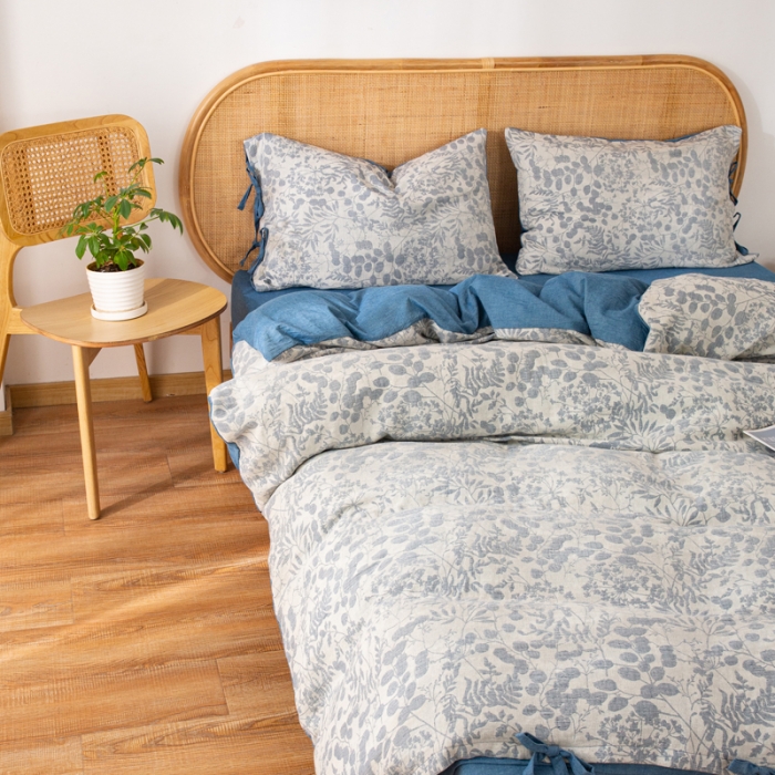 91家纺网 家纺一手货源 找家纺 22高端双层纱栀子花色织大提花蝴蝶结工艺款四件套栀子花深蓝