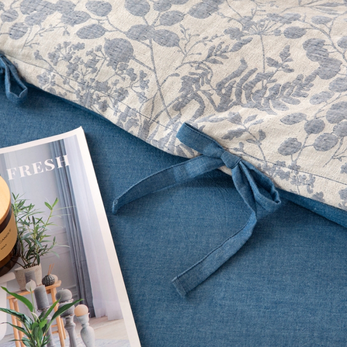 91家纺网 家纺一手货源 找家纺 22高端双层纱栀子花色织大提花蝴蝶结工艺款四件套栀子花深蓝