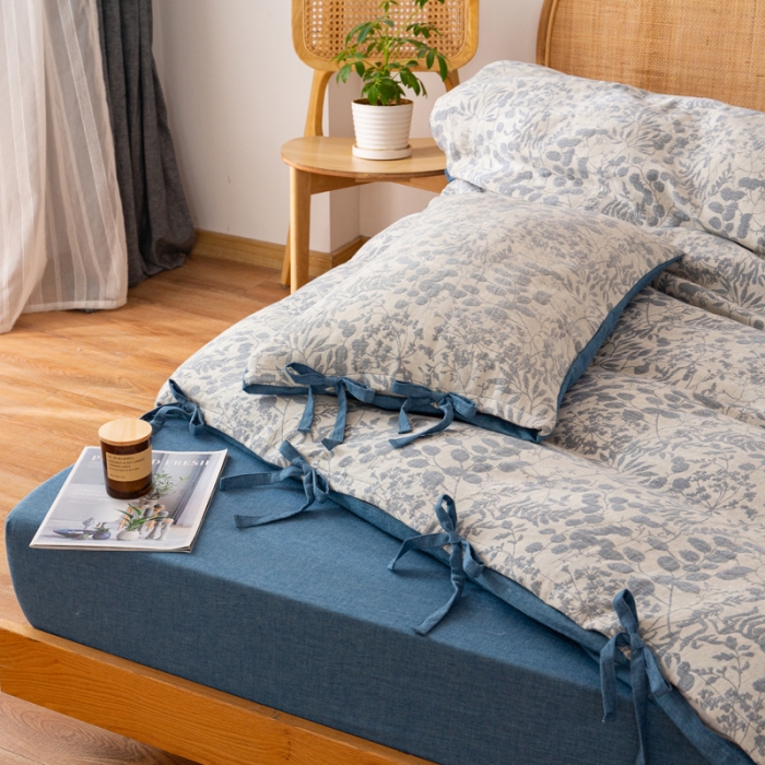 91家纺网 家纺一手货源 找家纺 22高端双层纱栀子花色织大提花蝴蝶结工艺款四件套栀子花深蓝