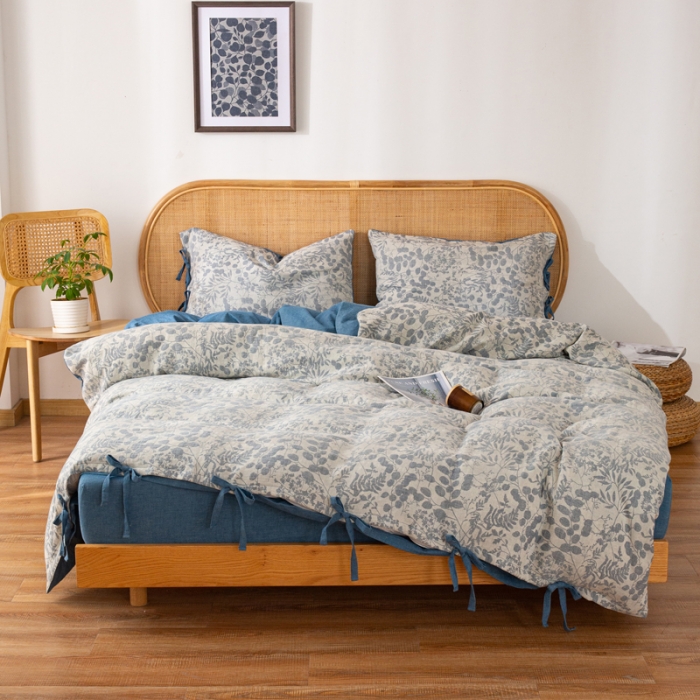 91家纺网 家纺一手货源 找家纺 22高端双层纱栀子花色织大提花蝴蝶结工艺款四件套栀子花深蓝