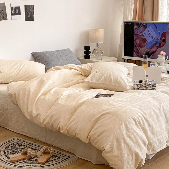 91家纺网 家纺一手货源 找家纺 昔可 2022新款60支水洗棉华夫格提花四件套拍法一 爱心米白