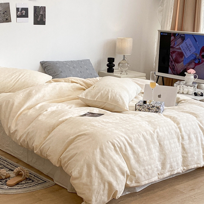 91家纺网 家纺一手货源 找家纺 昔可 2022新款60支水洗棉华夫格提花四件套拍法一 爱心米白