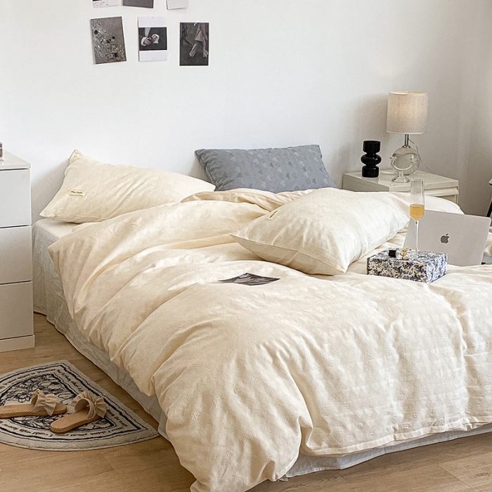 91家纺网 家纺一手货源 找家纺 昔可 2022新款60支水洗棉华夫格提花四件套拍法一 爱心米白