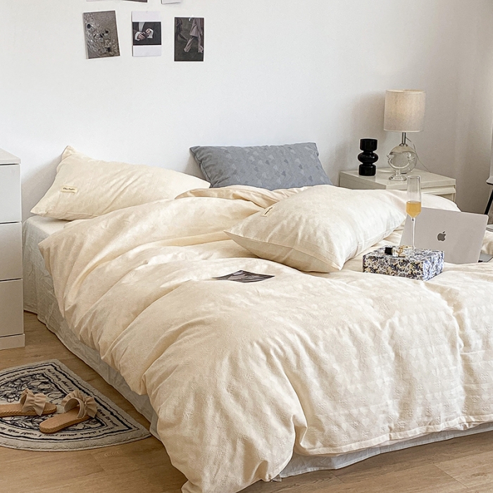 91家纺网 家纺一手货源 找家纺 昔可 2022新款60支水洗棉华夫格提花四件套拍法一 爱心米白