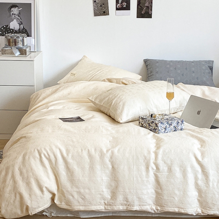 91家纺网 家纺一手货源 找家纺 昔可 2022新款60支水洗棉华夫格提花四件套拍法一 爱心米白