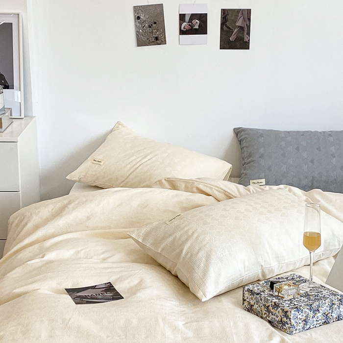 91家纺网 家纺一手货源 找家纺 昔可 2022新款60支水洗棉华夫格提花四件套拍法一 爱心米白