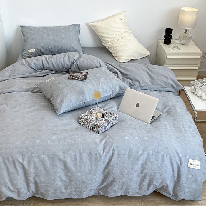 91家纺网 家纺一手货源 找家纺 昔可 2022新款60支水洗棉华夫格提花四件套拍法一 爱心雾霾蓝