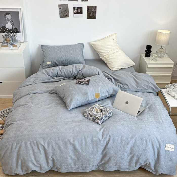 91家纺网 家纺一手货源 找家纺 昔可 2022新款60支水洗棉华夫格提花四件套拍法一 爱心雾霾蓝