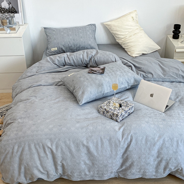 91家纺网 家纺一手货源 找家纺 昔可 2022新款60支水洗棉华夫格提花四件套拍法一 爱心雾霾蓝