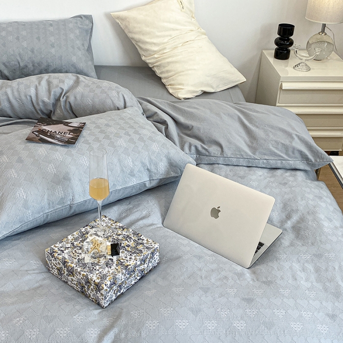 91家纺网 家纺一手货源 找家纺 昔可 2022新款60支水洗棉华夫格提花四件套拍法一 爱心雾霾蓝