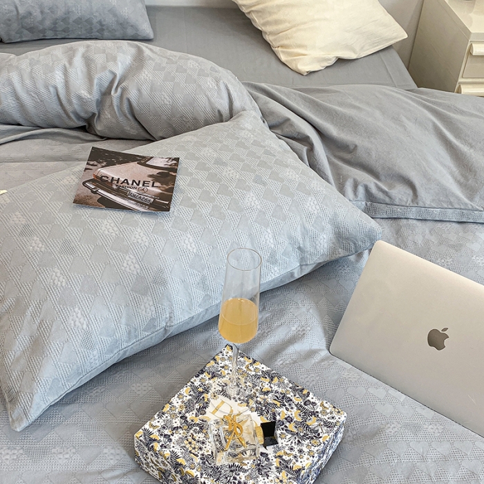 91家纺网 家纺一手货源 找家纺 昔可 2022新款60支水洗棉华夫格提花四件套拍法一 爱心雾霾蓝