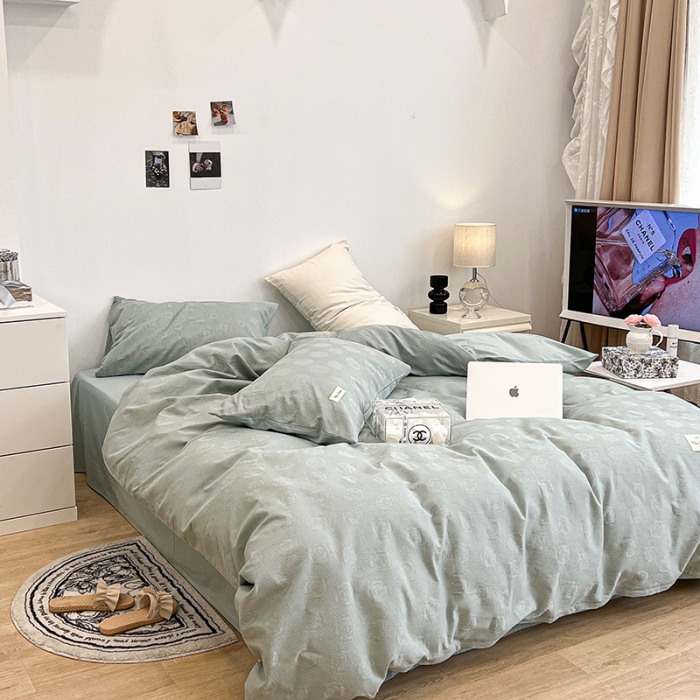 91家纺网 家纺一手货源 找家纺 昔可 2022新款60支水洗棉华夫格提花四件套拍法一 山茶薄荷绿