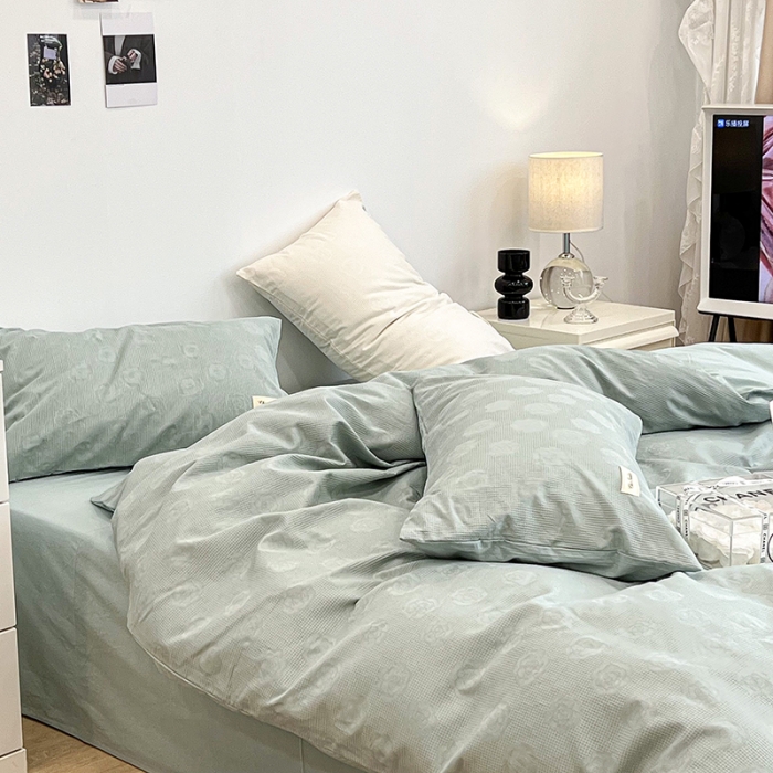 91家纺网 家纺一手货源 找家纺 昔可 2022新款60支水洗棉华夫格提花四件套拍法一 山茶薄荷绿