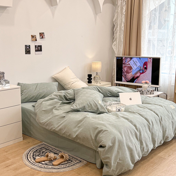 91家纺网 家纺一手货源 找家纺 昔可 2022新款60支水洗棉华夫格提花四件套拍法一 山茶薄荷绿