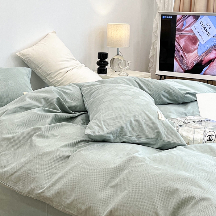 91家纺网 家纺一手货源 找家纺 昔可 2022新款60支水洗棉华夫格提花四件套拍法一 山茶薄荷绿