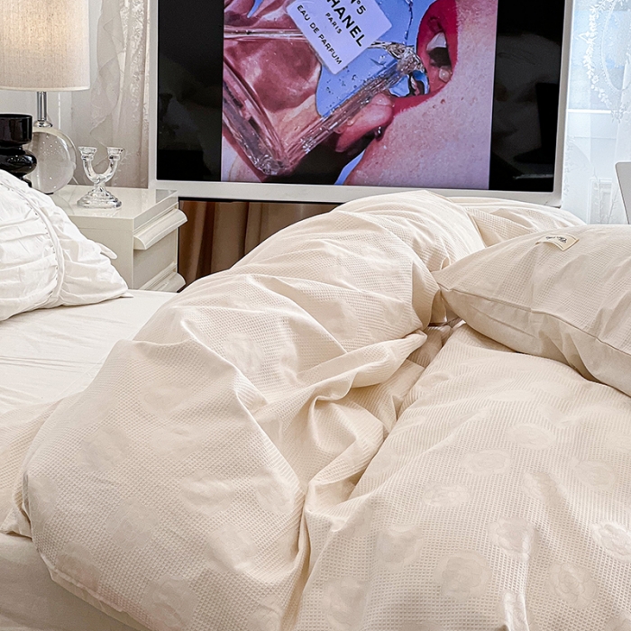 91家纺网 家纺一手货源 找家纺 昔可 2022新款60支水洗棉华夫格提花四件套拍法一 山茶米白